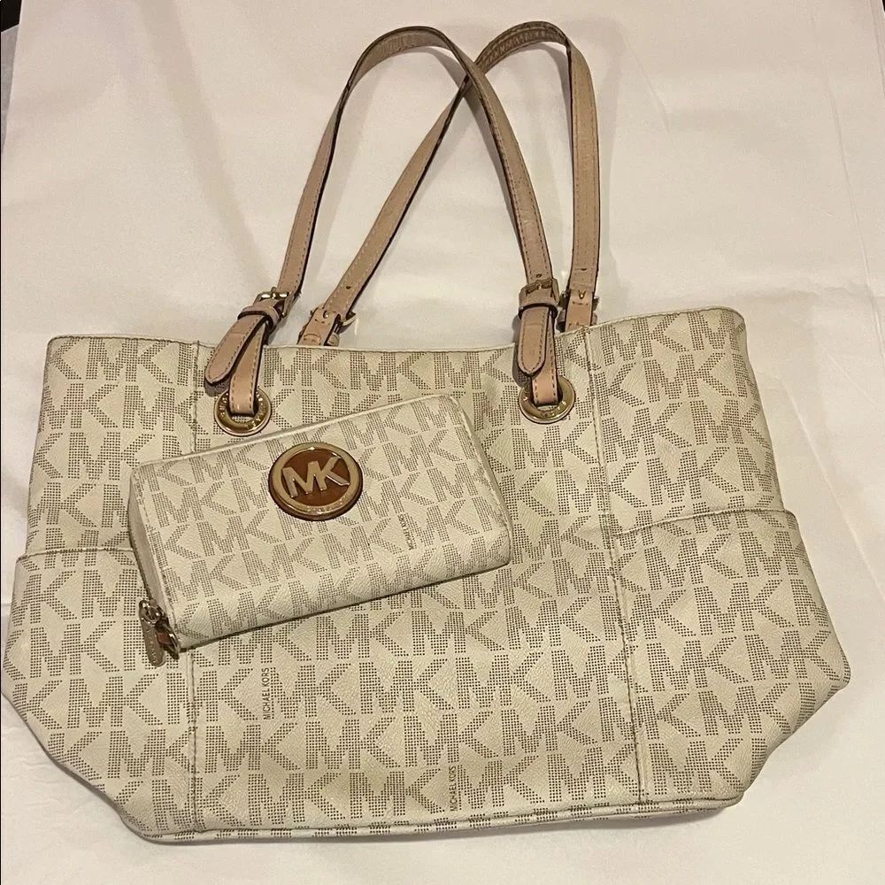 Michael Kors Beige Monogram Tote and Wallet